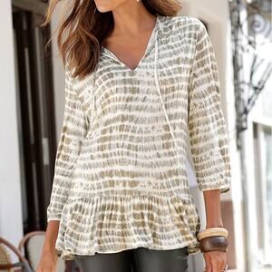 Lascana Medium Tie Dye Tunic Blouse Ruffle Bottom Tie Neck 3/4 Sleeve